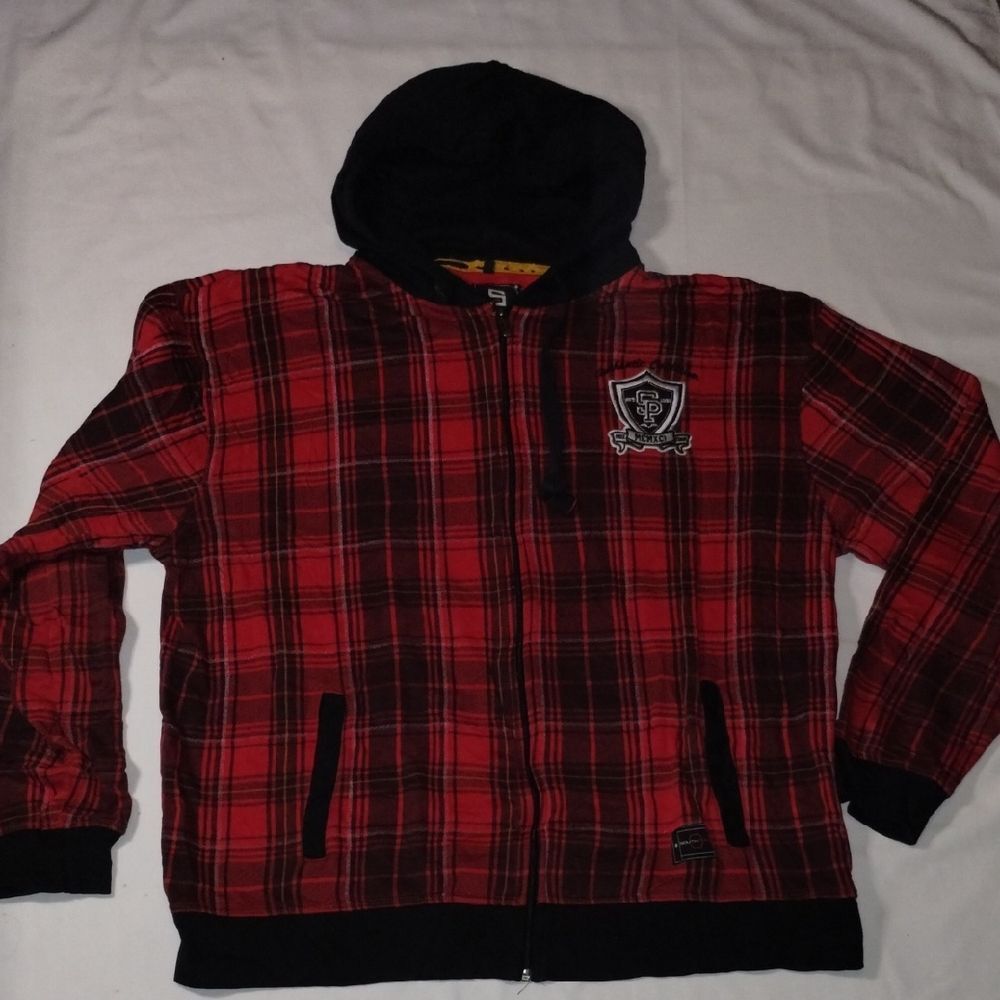 Y2K Southpole Red Plaid Hoodie with Black Accents